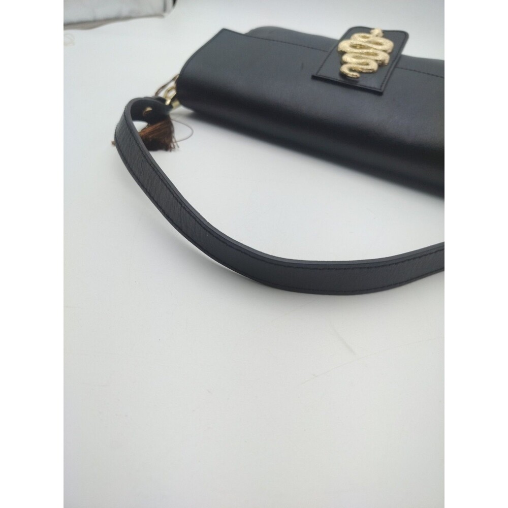 House of Harlow 60s Black Handbag Genuine Leather Purse Italy Gold Snake Accent - Picture 6 of 16